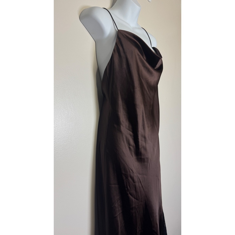 Line and Dot Brown Satin Cowl Neck Lace Slit Maxi Dress Small Open Back - Picture 6 of 12